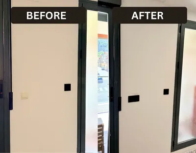 Light switch and socket replacement next to a balcony door — before and after